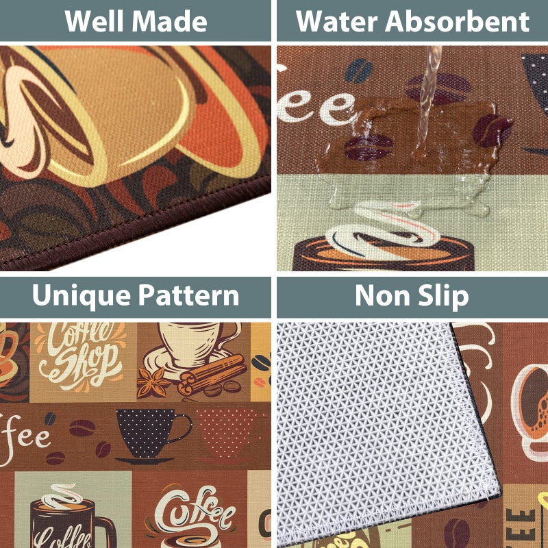 Carvapet 2 Pieces Non-Slip Kitchen Rug TPR Non-Skid Backing Mat for Doorway Bathroom Runner Rug Set, Coffee Design (17"x48"+17"x24") - Image 3
